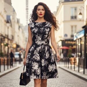 Emerald Sundae Floral Party Dress with Tulle Underskirt Black White Size M